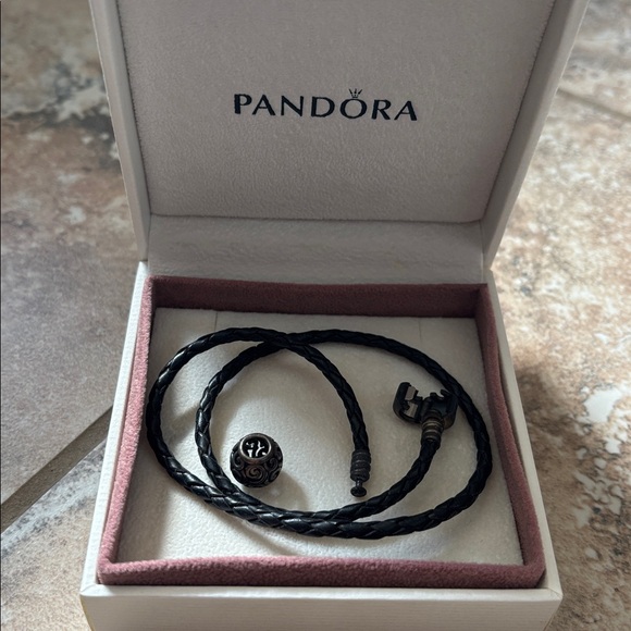 Pandora Black Leather Bracelet with Intricate Charms - Picture 1 of 1